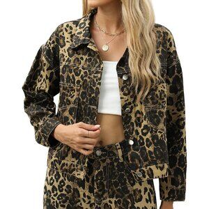 Brand New Women Leopard Print Rayon Cropped Jean Jacket Button Up With Pockets
